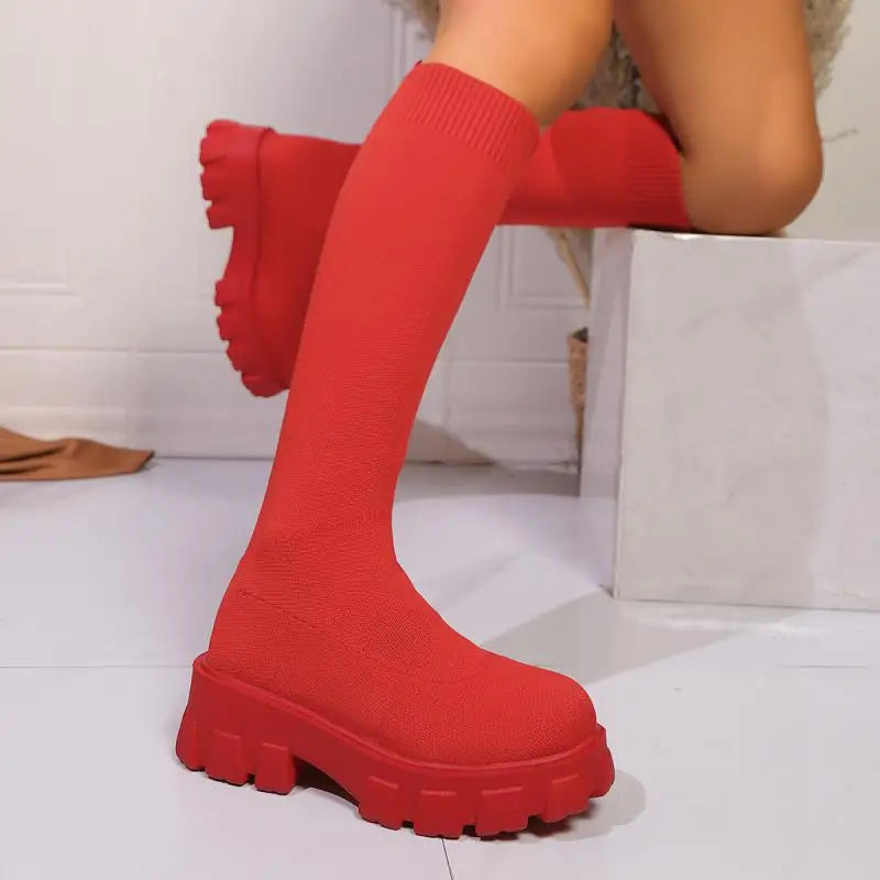 Sexy Dicke Untere Stricken Socken Stiefel Frauen 2025, Herbst Chunky Plattform Kniehohe Stiefel Halloween Kürbis Frau Lange Booties 43