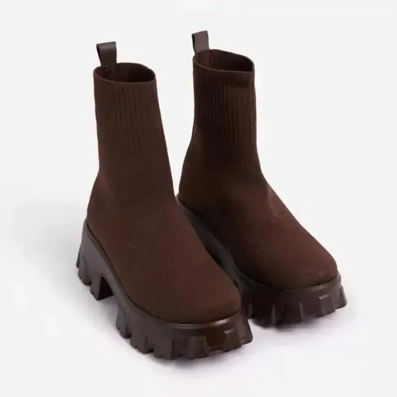 Damen-Sockenstiefel, einfache Damen-Stiefel mit mittlerer Wade, leichte, verschleißfeste Freizeitschuhe für Damen, Slip-on-Plateauschuhe, Botas