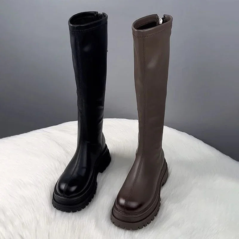 Damenschuhe 2024, Plattform, Herbst-Winter, langer Stiefel, kniehohe Damenstiefel, seitlicher Reißverschluss, bequemer quadratischer Absatz, schwarzer hoher Stiefel