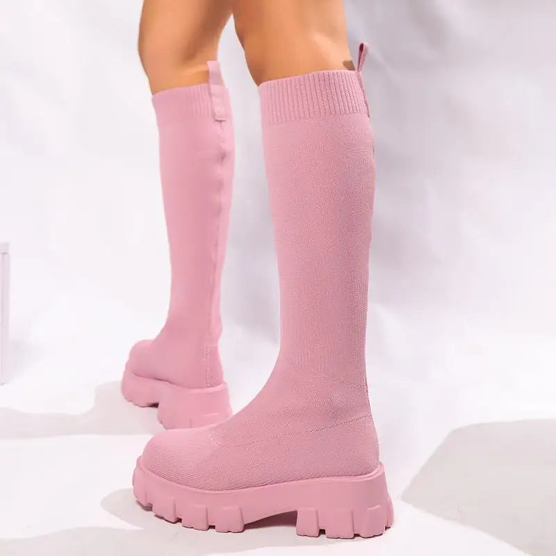 Sexy Dicke Untere Stricken Socken Stiefel Frauen 2025, Herbst Chunky Plattform Kniehohe Stiefel Halloween Kürbis Frau Lange Booties 43
