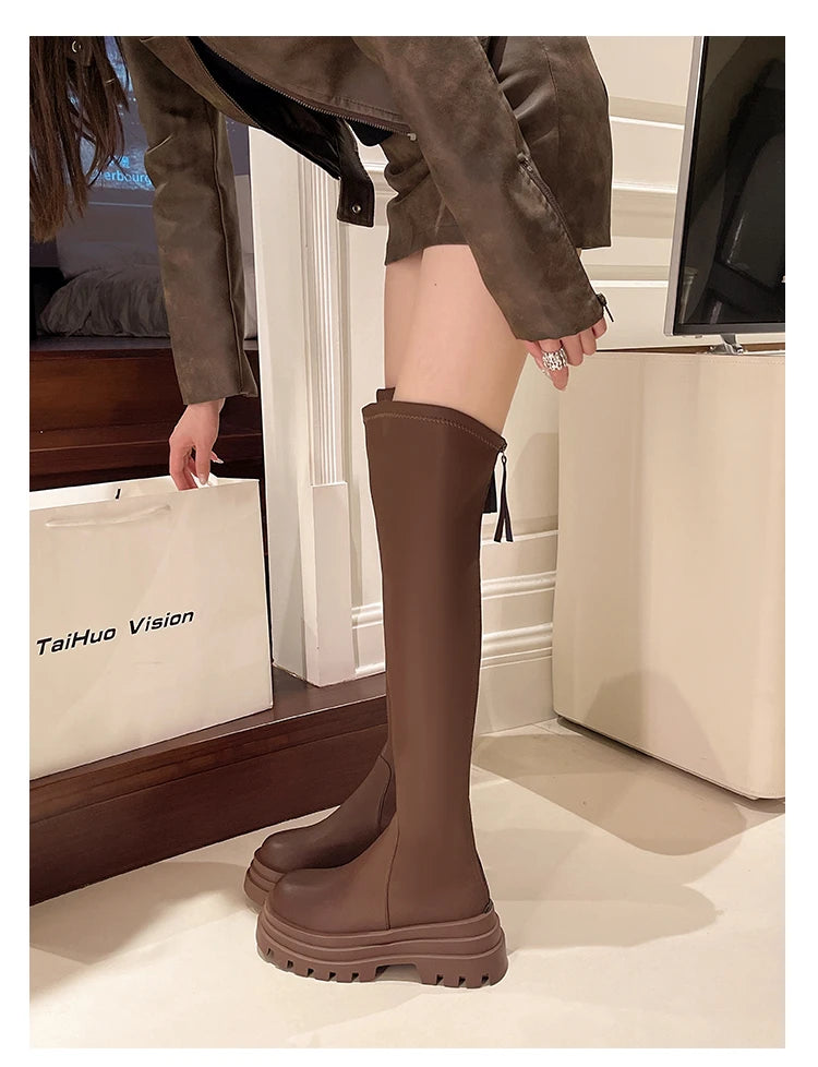 Street Style Plattformabsatz Damen Overknee-Hohe Stiefel Warm Innen Kurze Plüschschuhe Herbst Winter Damen Lange Booties