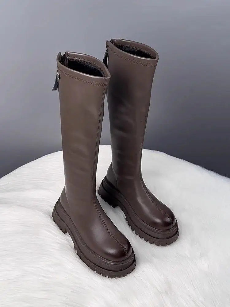 Damenschuhe 2024, Plattform, Herbst-Winter, langer Stiefel, kniehohe Damenstiefel, seitlicher Reißverschluss, bequemer quadratischer Absatz, schwarzer hoher Stiefel