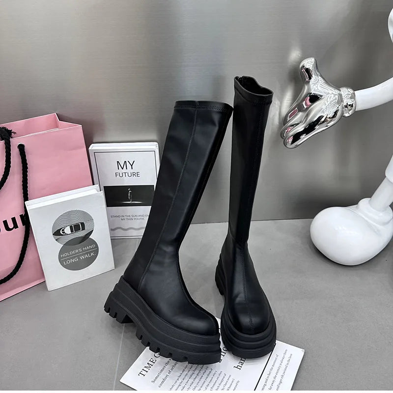 Winter Frauen Ritter Hohe Stiefel Mode Zurück Reißverschlüsse Damen Elegante Plattform Wohnungen Lange Booties Kurze Plüsch frauen Schuhe