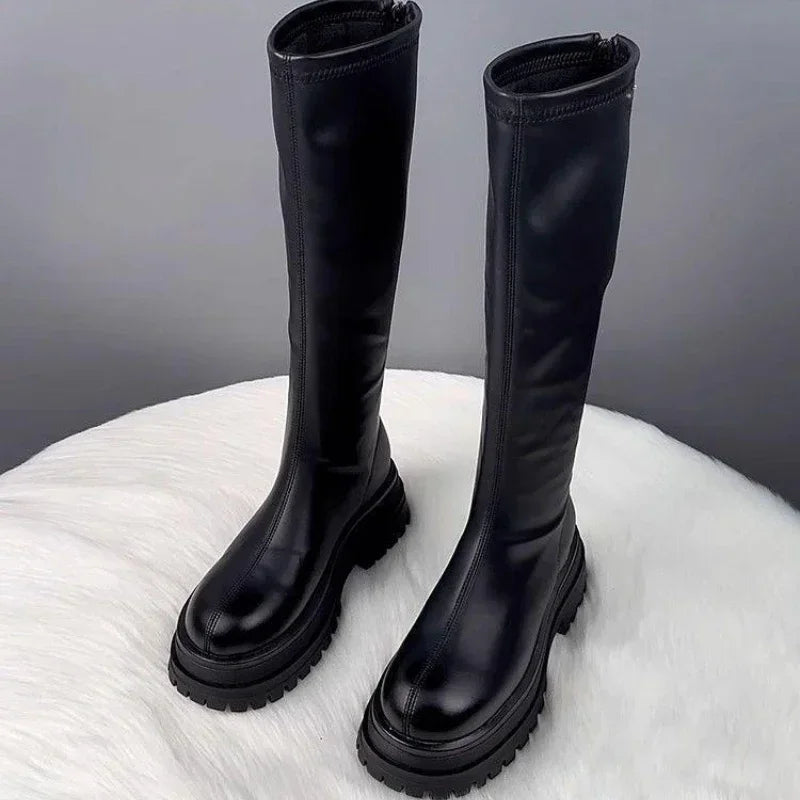 Damenschuhe 2024, Plattform, Herbst-Winter, langer Stiefel, kniehohe Damenstiefel, seitlicher Reißverschluss, bequemer quadratischer Absatz, schwarzer hoher Stiefel