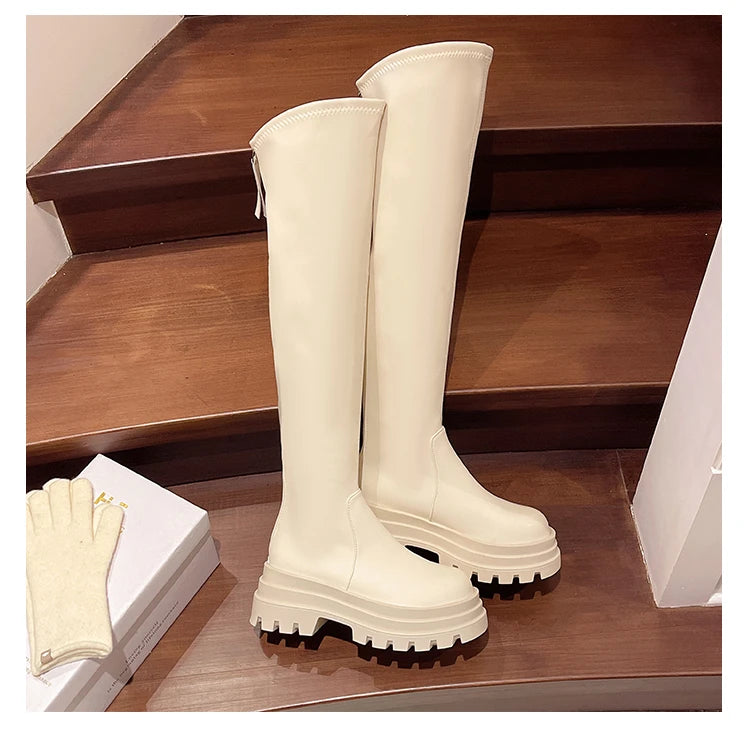 Street Style Plattformabsatz Damen Overknee-Hohe Stiefel Warm Innen Kurze Plüschschuhe Herbst Winter Damen Lange Booties