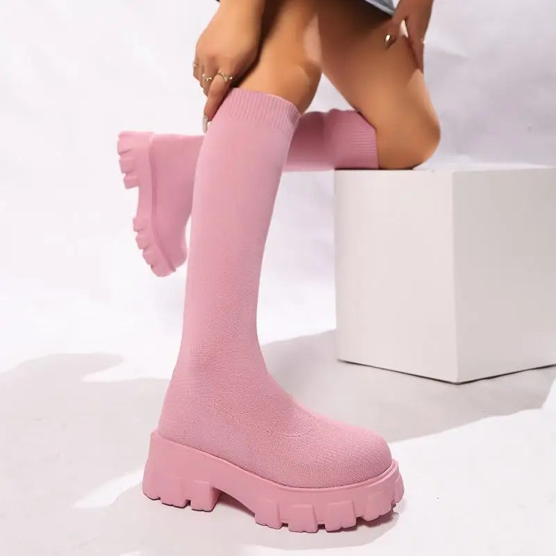 Sexy Dicke Untere Stricken Socken Stiefel Frauen 2025, Herbst Chunky Plattform Kniehohe Stiefel Halloween Kürbis Frau Lange Booties 43