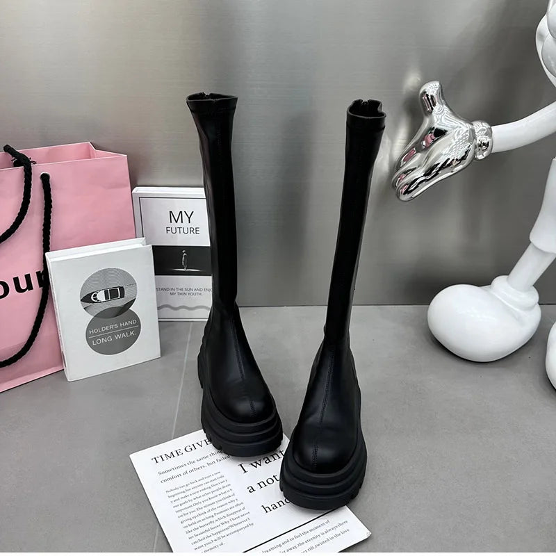 Winter Frauen Ritter Hohe Stiefel Mode Zurück Reißverschlüsse Damen Elegante Plattform Wohnungen Lange Booties Kurze Plüsch frauen Schuhe