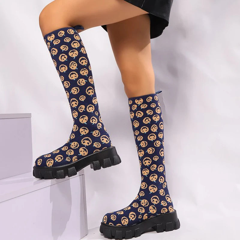 Sexy Thick Bottom Knit Socks Boots Women 2025 Autumn Chunky Platform Knee High Boots Halloween Pumpkin Woman's Long Booties 43