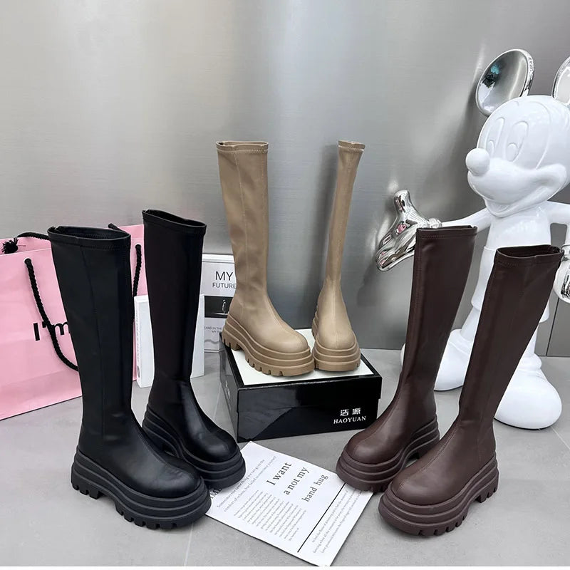 Winter Frauen Ritter Hohe Stiefel Mode Zurück Reißverschlüsse Damen Elegante Plattform Wohnungen Lange Booties Kurze Plüsch frauen Schuhe