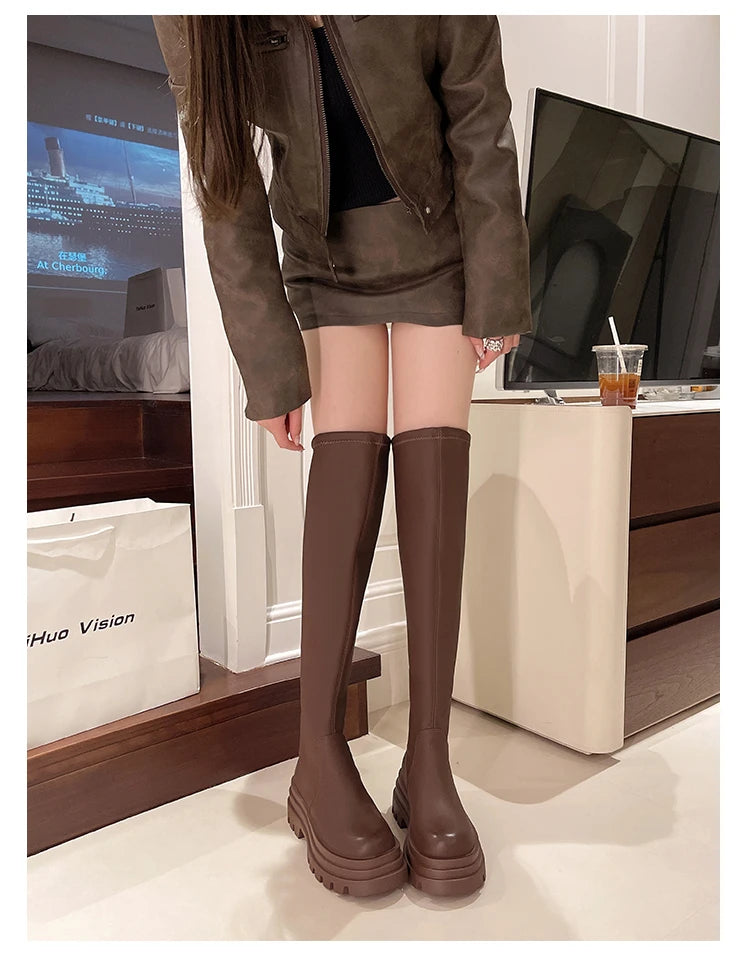 Street Style Plattformabsatz Damen Overknee-Hohe Stiefel Warm Innen Kurze Plüschschuhe Herbst Winter Damen Lange Booties