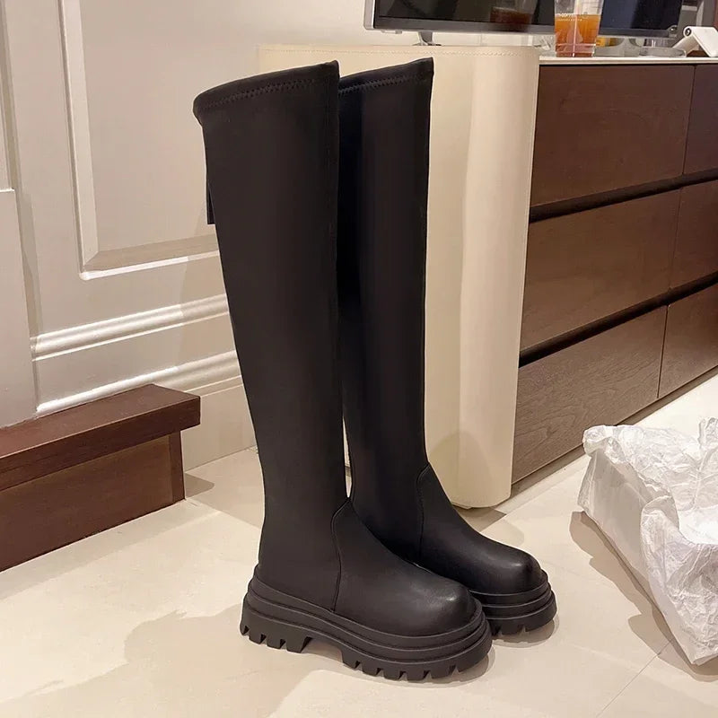 Street Style Plattformabsatz Damen Overknee-Hohe Stiefel Warm Innen Kurze Plüschschuhe Herbst Winter Damen Lange Booties