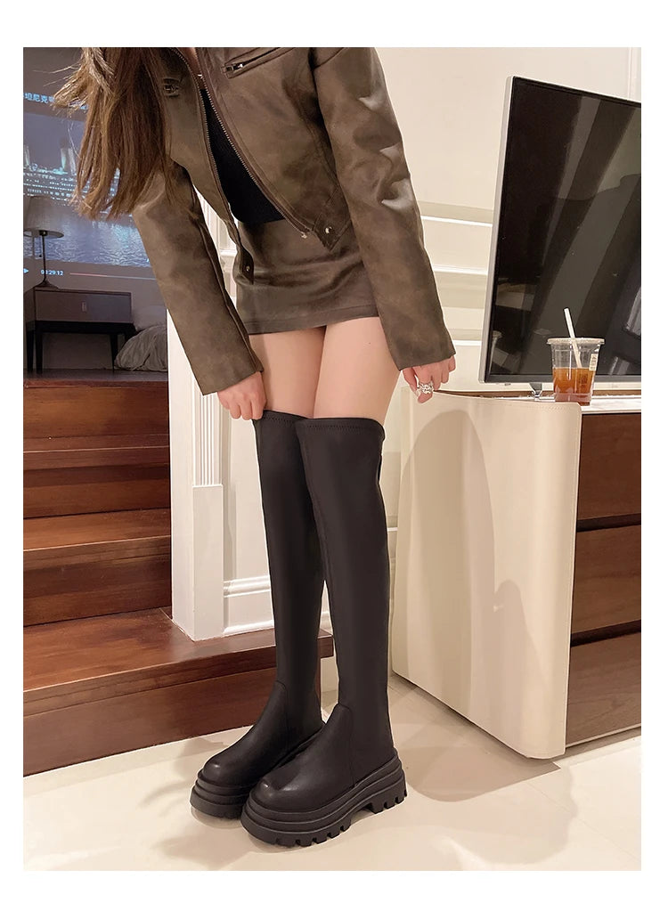 Street Style Plattformabsatz Damen Overknee-Hohe Stiefel Warm Innen Kurze Plüschschuhe Herbst Winter Damen Lange Booties