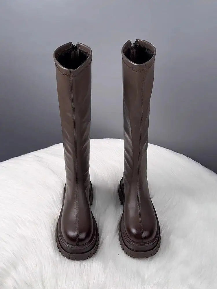 Damenschuhe 2024, Plattform, Herbst-Winter, langer Stiefel, kniehohe Damenstiefel, seitlicher Reißverschluss, bequemer quadratischer Absatz, schwarzer hoher Stiefel