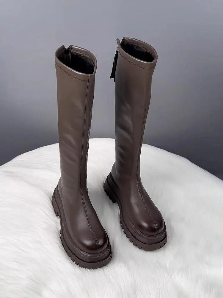 Damenschuhe 2024, Plattform, Herbst-Winter, langer Stiefel, kniehohe Damenstiefel, seitlicher Reißverschluss, bequemer quadratischer Absatz, schwarzer hoher Stiefel