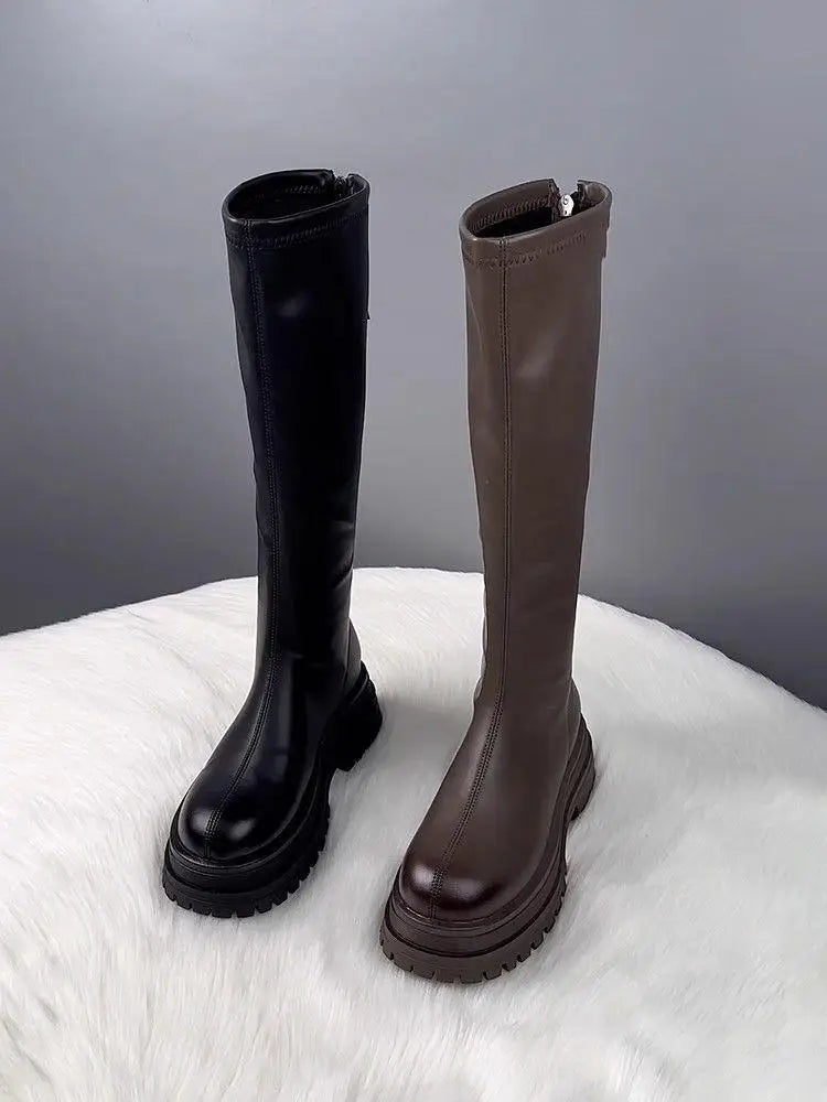 Damenschuhe 2024, Plattform, Herbst-Winter, langer Stiefel, kniehohe Damenstiefel, seitlicher Reißverschluss, bequemer quadratischer Absatz, schwarzer hoher Stiefel