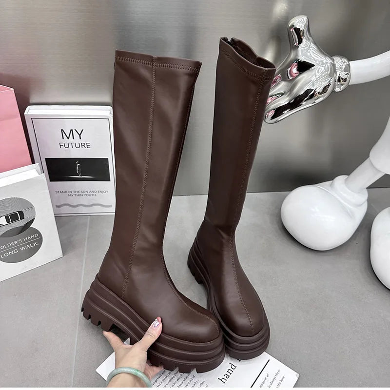 Winter Frauen Ritter Hohe Stiefel Mode Zurück Reißverschlüsse Damen Elegante Plattform Wohnungen Lange Booties Kurze Plüsch frauen Schuhe