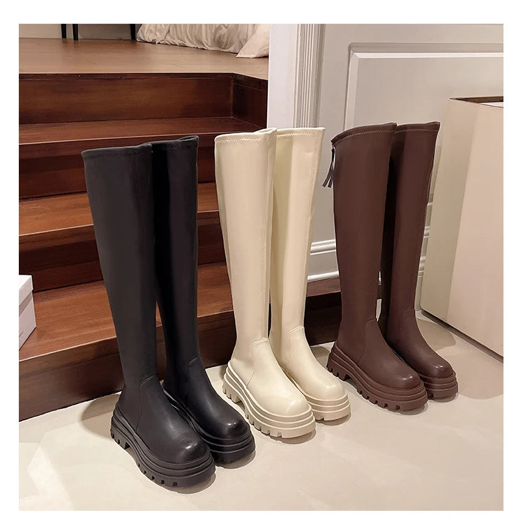 Street Style Plattformabsatz Damen Overknee-Hohe Stiefel Warm Innen Kurze Plüschschuhe Herbst Winter Damen Lange Booties