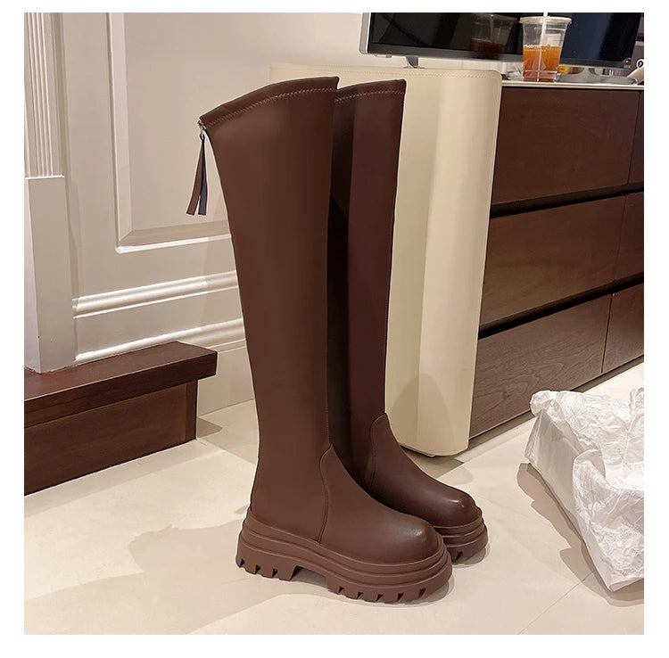 Street Style Plattformabsatz Damen Overknee-Hohe Stiefel Warm Innen Kurze Plüschschuhe Herbst Winter Damen Lange Booties