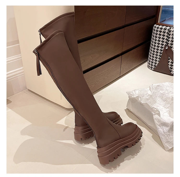 Street Style Plattformabsatz Damen Overknee-Hohe Stiefel Warm Innen Kurze Plüschschuhe Herbst Winter Damen Lange Booties