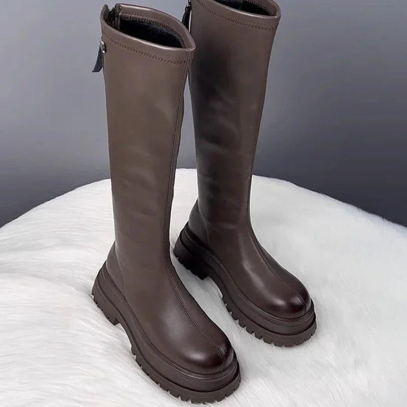 Damenschuhe 2024, Plattform, Herbst-Winter, langer Stiefel, kniehohe Damenstiefel, seitlicher Reißverschluss, bequemer quadratischer Absatz, schwarzer hoher Stiefel