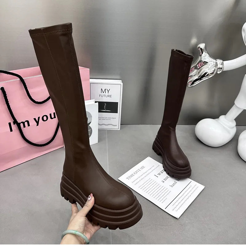 Winter Frauen Ritter Hohe Stiefel Mode Zurück Reißverschlüsse Damen Elegante Plattform Wohnungen Lange Booties Kurze Plüsch frauen Schuhe