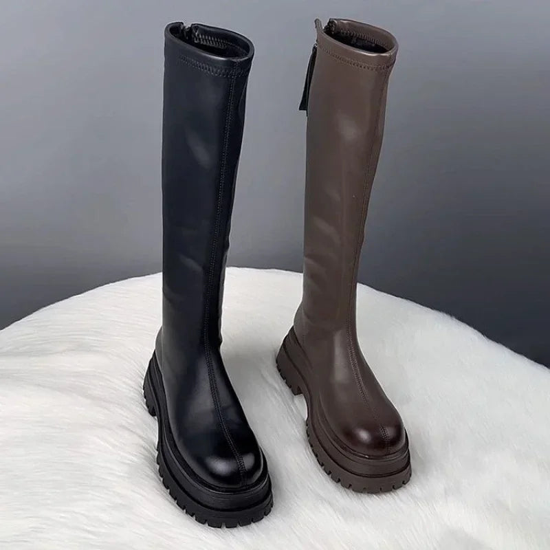 Damenschuhe 2024, Plattform, Herbst-Winter, langer Stiefel, kniehohe Damenstiefel, seitlicher Reißverschluss, bequemer quadratischer Absatz, schwarzer hoher Stiefel