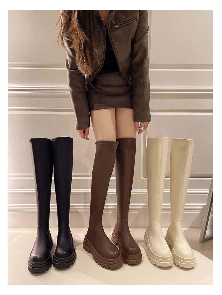 Street Style Plattformabsatz Damen Overknee-Hohe Stiefel Warm Innen Kurze Plüschschuhe Herbst Winter Damen Lange Booties