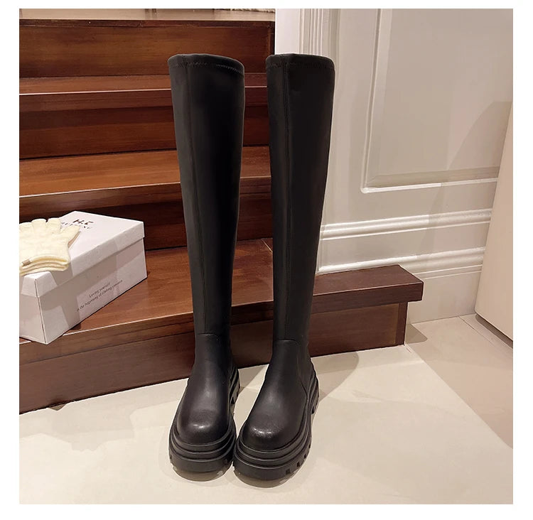 Street Style Plattformabsatz Damen Overknee-Hohe Stiefel Warm Innen Kurze Plüschschuhe Herbst Winter Damen Lange Booties