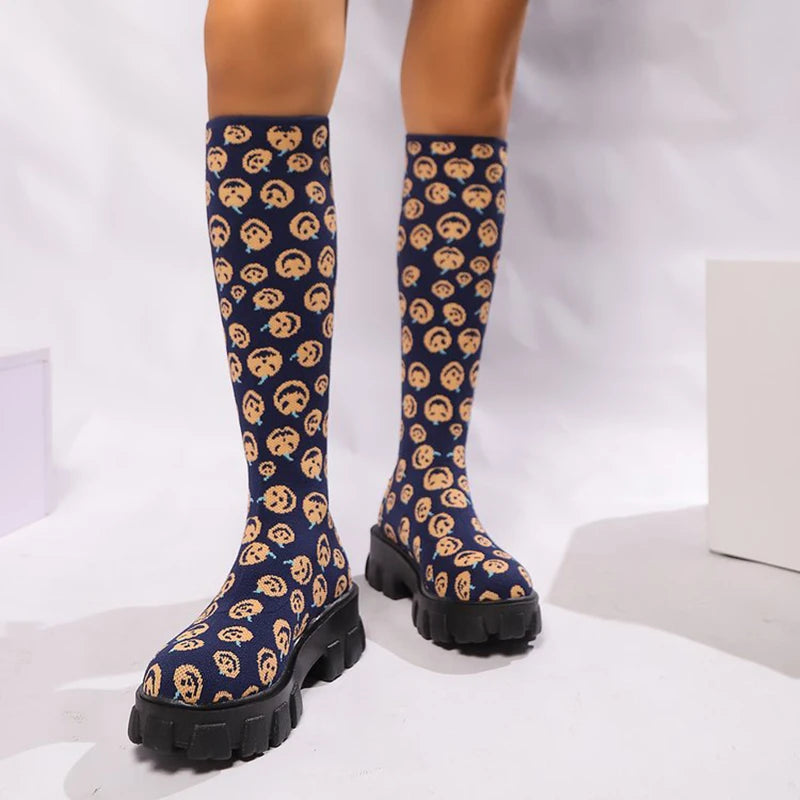 Sexy Thick Bottom Knit Socks Boots Women 2025 Autumn Chunky Platform Knee High Boots Halloween Pumpkin Woman's Long Booties 43