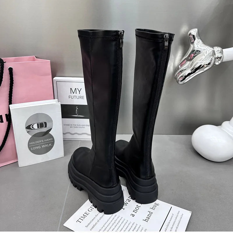 Winter Frauen Ritter Hohe Stiefel Mode Zurück Reißverschlüsse Damen Elegante Plattform Wohnungen Lange Booties Kurze Plüsch frauen Schuhe