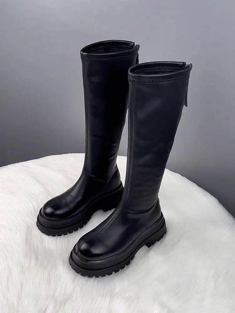 Damenschuhe 2024, Plattform, Herbst-Winter, langer Stiefel, kniehohe Damenstiefel, seitlicher Reißverschluss, bequemer quadratischer Absatz, schwarzer hoher Stiefel