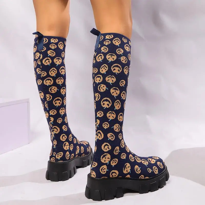 Sexy Dicke Untere Stricken Socken Stiefel Frauen 2025, Herbst Chunky Plattform Kniehohe Stiefel Halloween Kürbis Frau Lange Booties 43