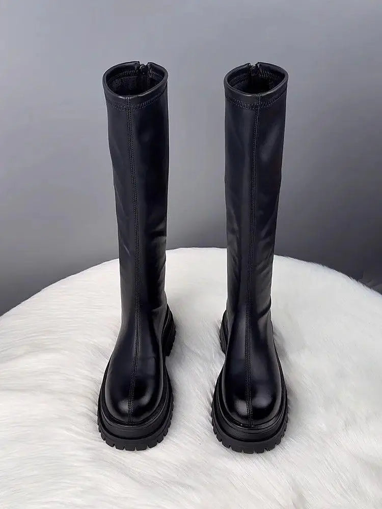 Damenschuhe 2024, Plattform, Herbst-Winter, langer Stiefel, kniehohe Damenstiefel, seitlicher Reißverschluss, bequemer quadratischer Absatz, schwarzer hoher Stiefel