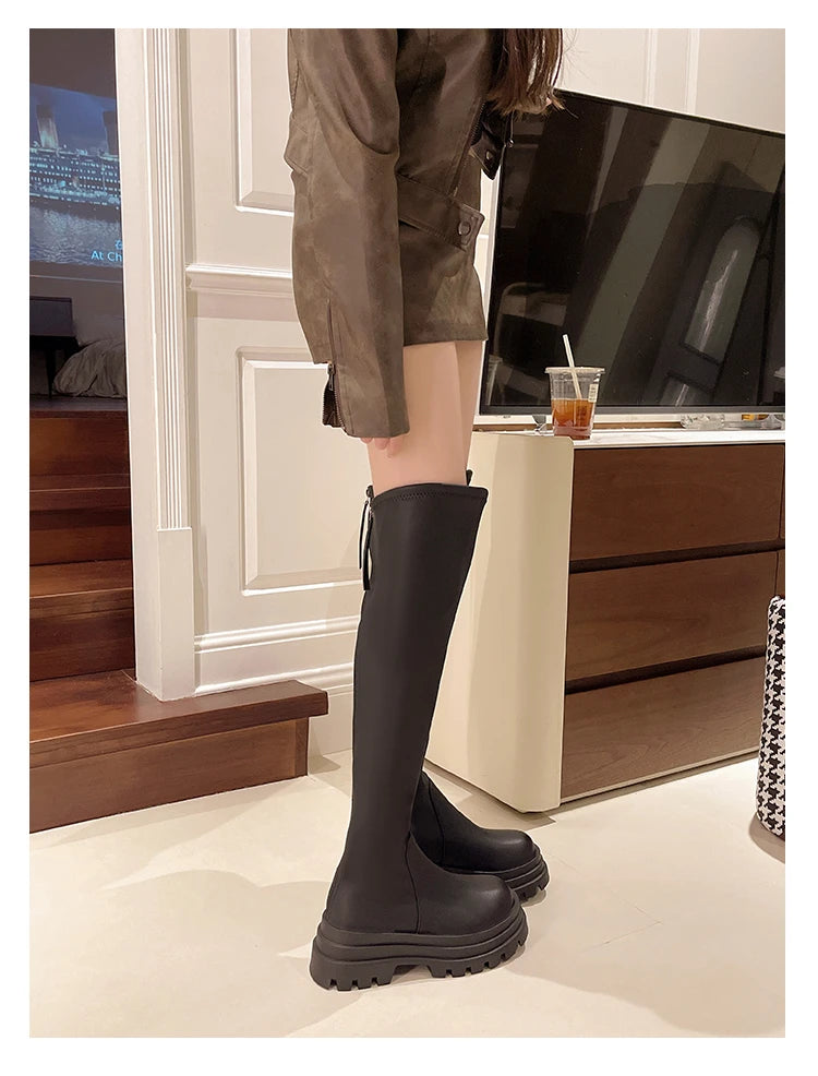 Street Style Plattformabsatz Damen Overknee-Hohe Stiefel Warm Innen Kurze Plüschschuhe Herbst Winter Damen Lange Booties