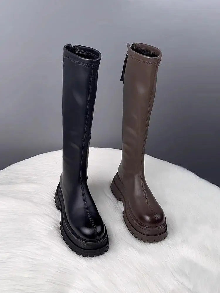 Damenschuhe 2024, Plattform, Herbst-Winter, langer Stiefel, kniehohe Damenstiefel, seitlicher Reißverschluss, bequemer quadratischer Absatz, schwarzer hoher Stiefel