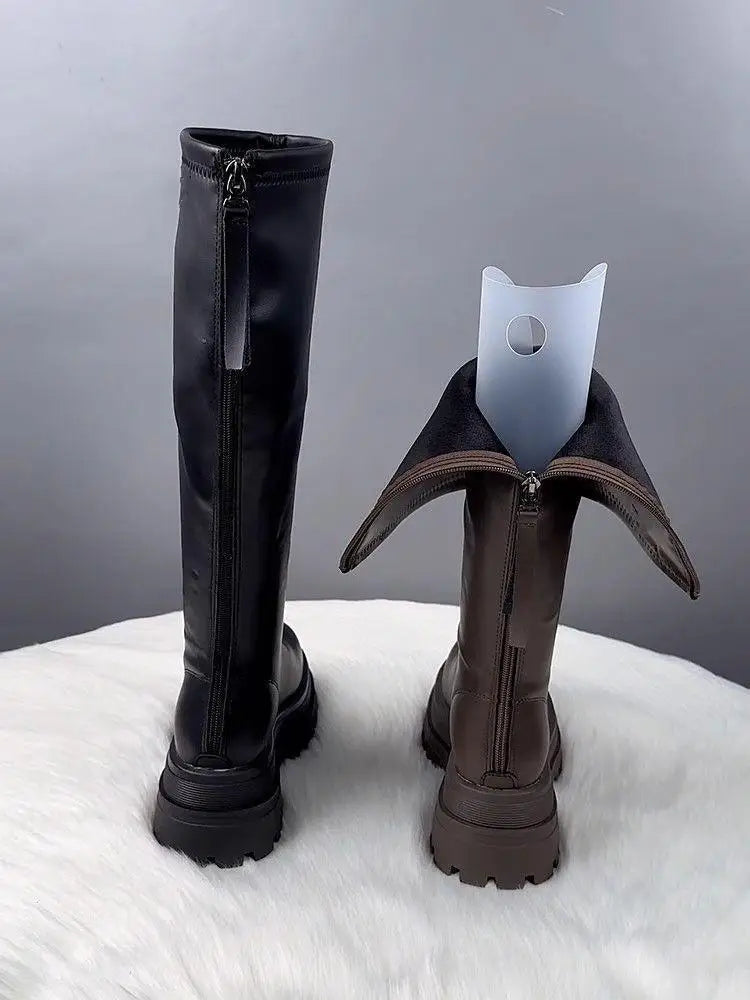 Damenschuhe 2024, Plattform, Herbst-Winter, langer Stiefel, kniehohe Damenstiefel, seitlicher Reißverschluss, bequemer quadratischer Absatz, schwarzer hoher Stiefel