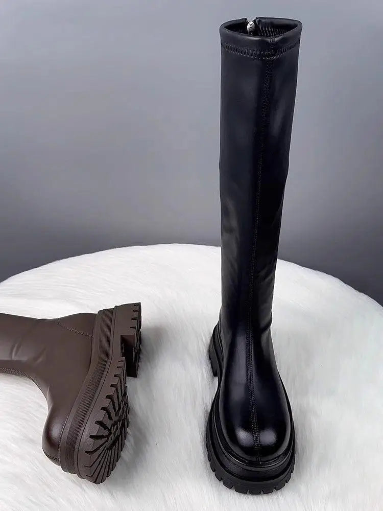 Damenschuhe 2024, Plattform, Herbst-Winter, langer Stiefel, kniehohe Damenstiefel, seitlicher Reißverschluss, bequemer quadratischer Absatz, schwarzer hoher Stiefel