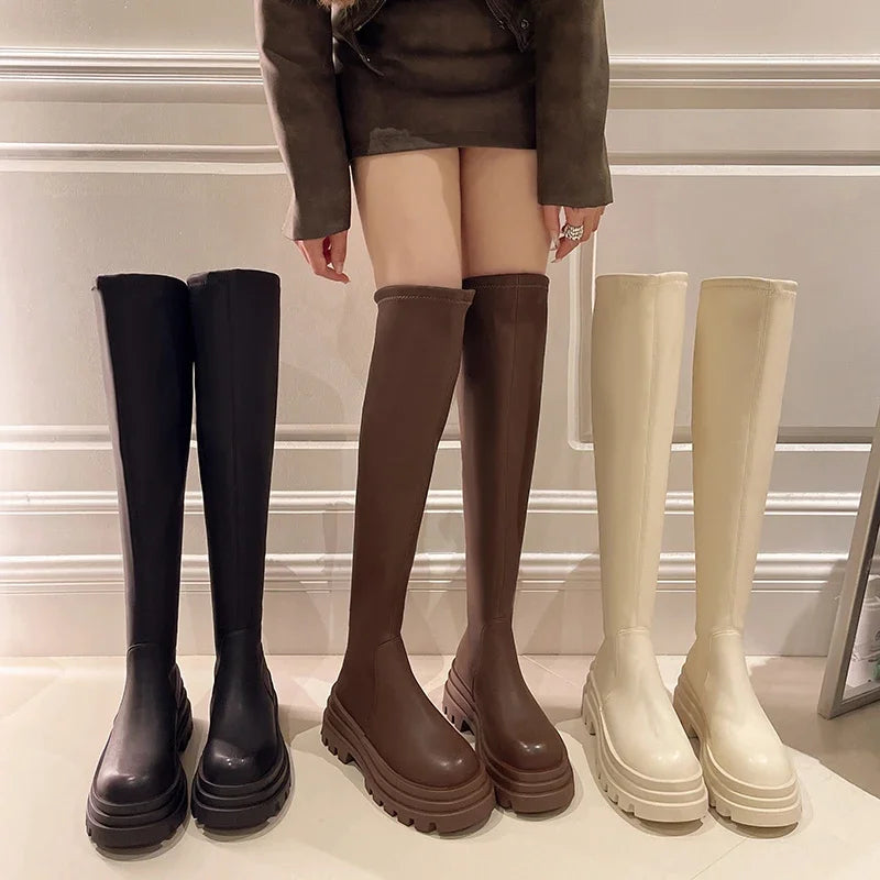Street Style Plattformabsatz Damen Overknee-Hohe Stiefel Warm Innen Kurze Plüschschuhe Herbst Winter Damen Lange Booties