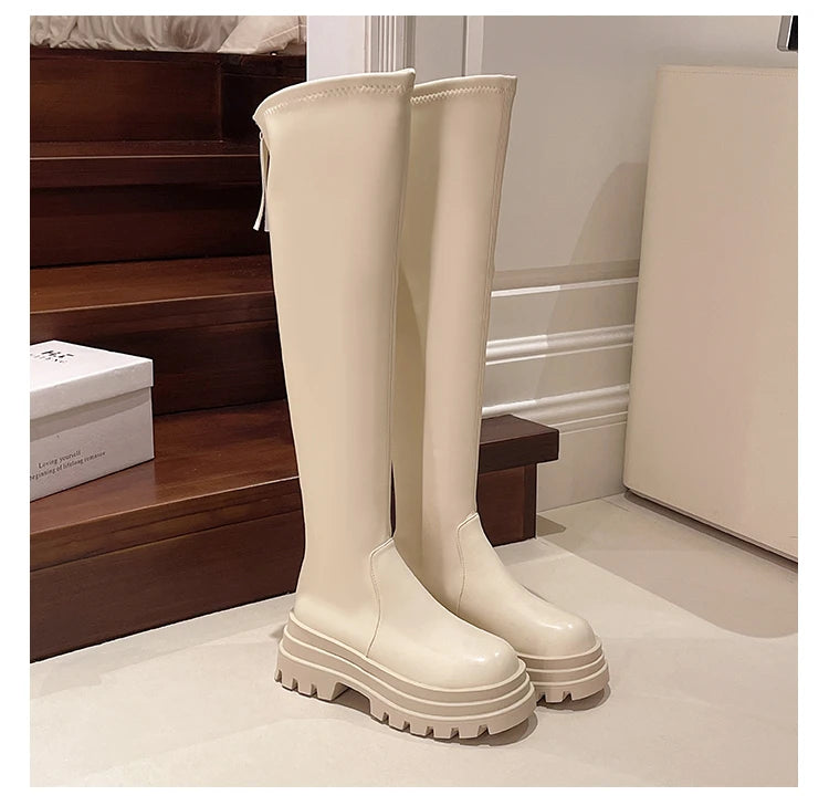 Street Style Plattformabsatz Damen Overknee-Hohe Stiefel Warm Innen Kurze Plüschschuhe Herbst Winter Damen Lange Booties