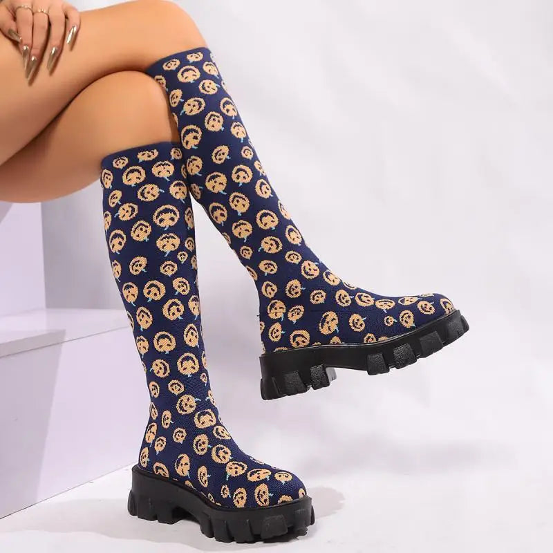 Sexy Dicke Untere Stricken Socken Stiefel Frauen 2025, Herbst Chunky Plattform Kniehohe Stiefel Halloween Kürbis Frau Lange Booties 43