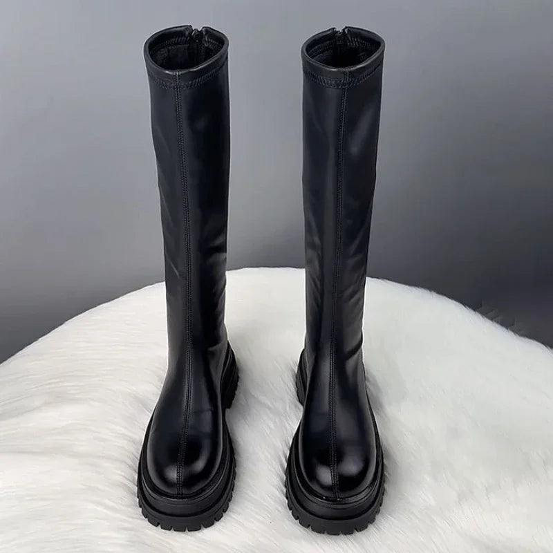 Damenschuhe 2024, Plattform, Herbst-Winter, langer Stiefel, kniehohe Damenstiefel, seitlicher Reißverschluss, bequemer quadratischer Absatz, schwarzer hoher Stiefel
