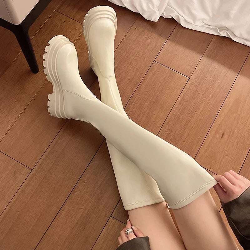 Street Style Plattformabsatz Damen Overknee-Hohe Stiefel Warm Innen Kurze Plüschschuhe Herbst Winter Damen Lange Booties