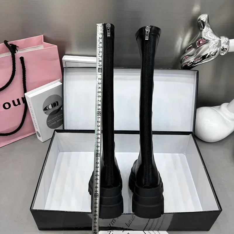 Winter Frauen Ritter Hohe Stiefel Mode Zurück Reißverschlüsse Damen Elegante Plattform Wohnungen Lange Booties Kurze Plüsch frauen Schuhe