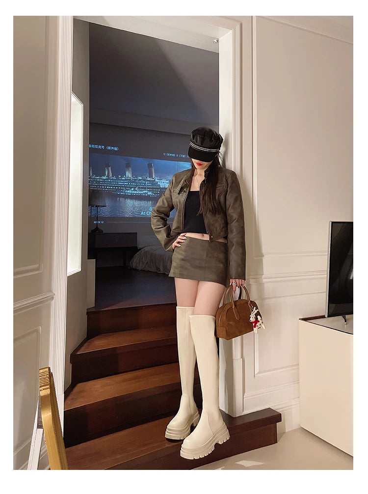 Street Style Plattformabsatz Damen Overknee-Hohe Stiefel Warm Innen Kurze Plüschschuhe Herbst Winter Damen Lange Booties