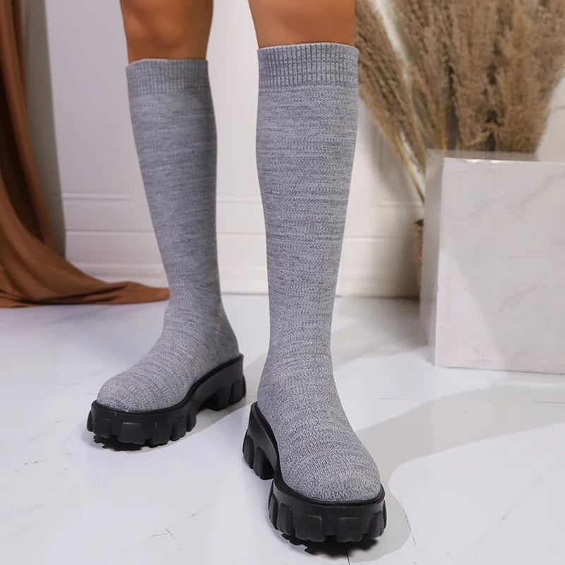 Sexy Thick Bottom Knit Socks Boots Women 2025 Autumn Chunky Platform Knee High Boots Halloween Pumpkin Woman's Long Booties 43
