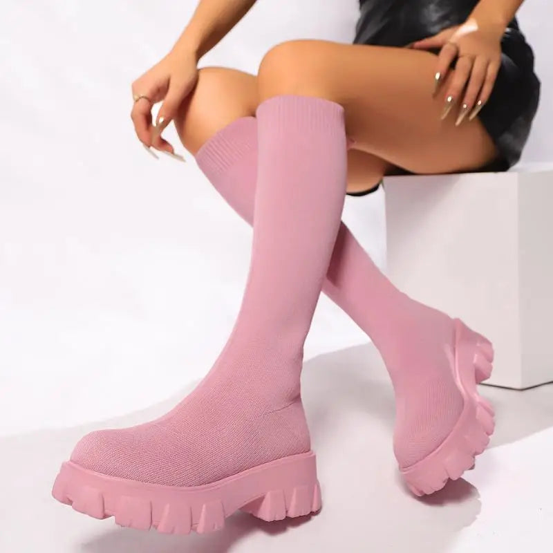Sexy Dicke Untere Stricken Socken Stiefel Frauen 2025, Herbst Chunky Plattform Kniehohe Stiefel Halloween Kürbis Frau Lange Booties 43