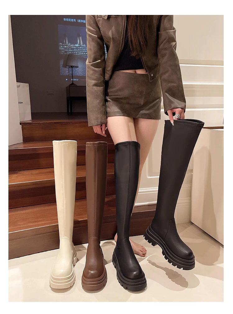 Street Style Plattformabsatz Damen Overknee-Hohe Stiefel Warm Innen Kurze Plüschschuhe Herbst Winter Damen Lange Booties