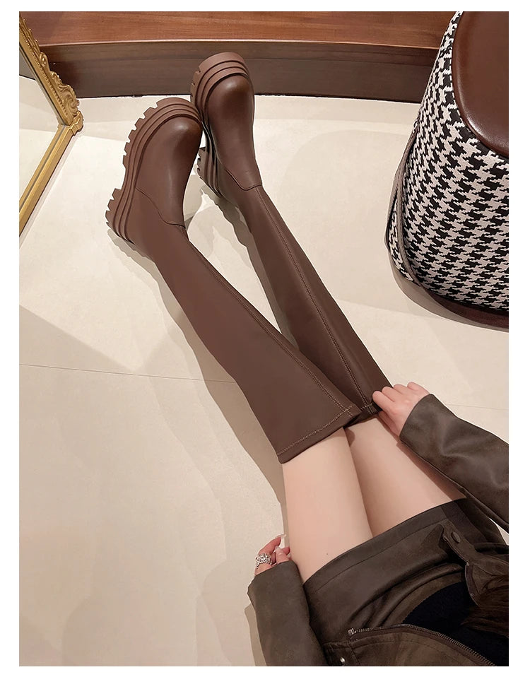 Street Style Plattformabsatz Damen Overknee-Hohe Stiefel Warm Innen Kurze Plüschschuhe Herbst Winter Damen Lange Booties