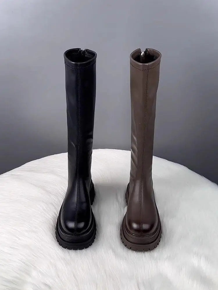 Damenschuhe 2024, Plattform, Herbst-Winter, langer Stiefel, kniehohe Damenstiefel, seitlicher Reißverschluss, bequemer quadratischer Absatz, schwarzer hoher Stiefel