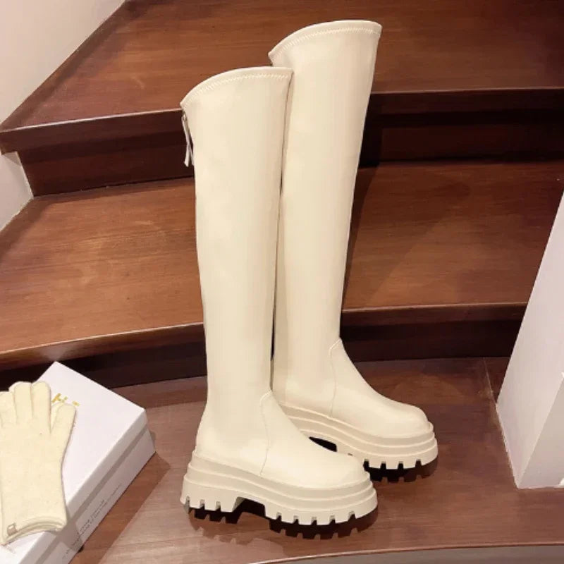 Street Style Plattformabsatz Damen Overknee-Hohe Stiefel Warm Innen Kurze Plüschschuhe Herbst Winter Damen Lange Booties